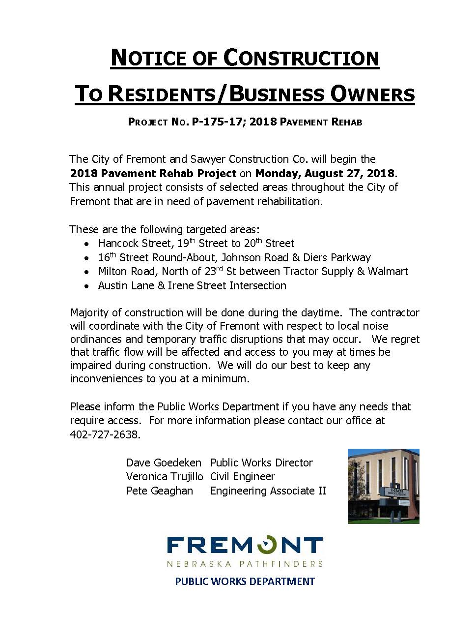 Notice of Construction - 2018 Pavement Rehab 1